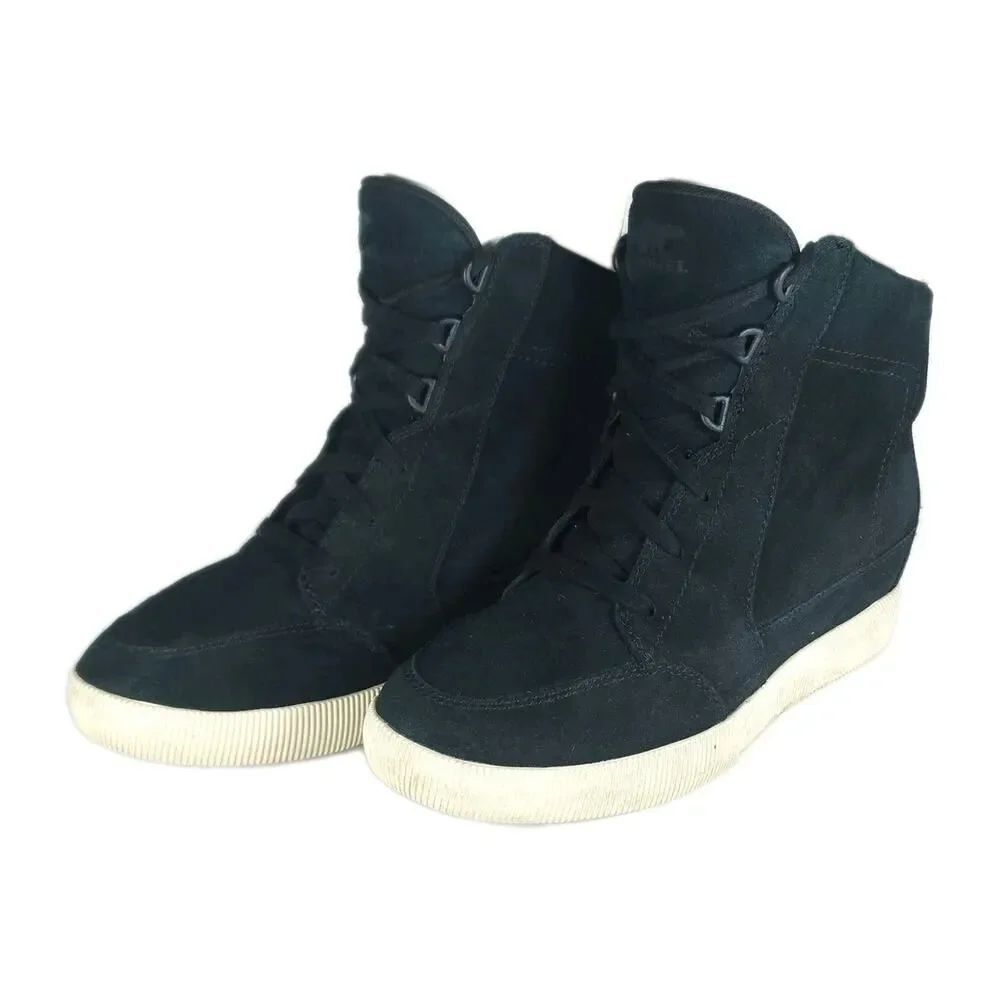 Sorel Women' Out 'N About US 8,5 Black Suede Hidden Wedge Lace Up Ankle Boots
